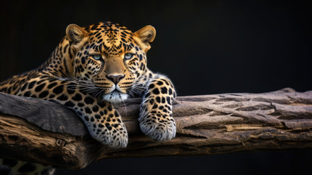 Leopard resting on a log against a black backgroundの素材