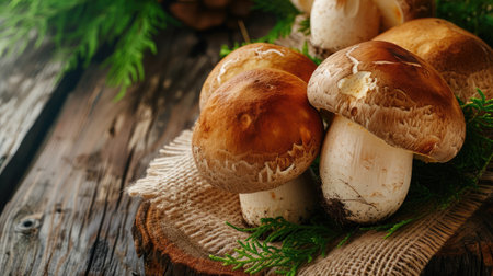 Mushroom Boletus over Wooden Background. Autumn Cep Mushrooms. Ceps Boletus edulis over Wooden Dark Background, close up on wood rustic table. Cooking delicious organic mushroom.の素材