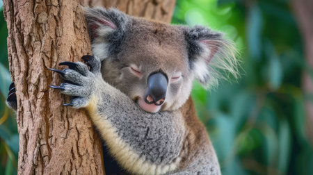 koala resting and sleeping on his tree with a cute smileの素材