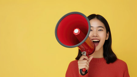 Portrait of smiling cheerful young pretty Asian woman holding megaphone making announcementの素材