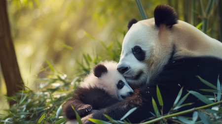 Mother Panda and her baby Panda are Snuggling and eating bamboo in the morningの素材