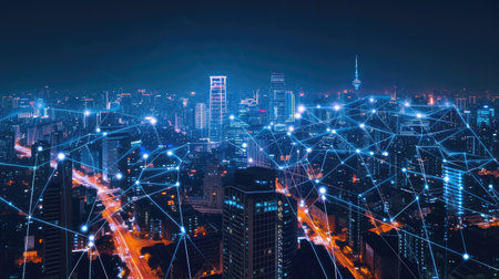 Modern city with wireless network connection and city scape concept.Wireless network and Connection technology conceptの素材