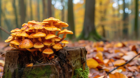 Mushrooms False honey fungus on a stump in a beautiful autumn forest.group fungus in autumn forest with leavesの素材