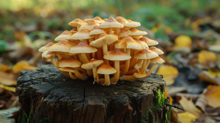 Mushrooms False honey fungus on a stump in a beautiful autumn forest.group fungus in autumn forest with leavesの素材