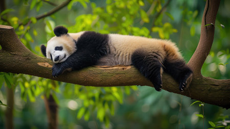 Panda Bear Sleeping on a Tree Branch, China Wildlife. Bifengxia nature reserve, Sichuan Province. Cute Lazy Baby Panda Sleeping in the Forest, Enjoying an afternoon napの素材