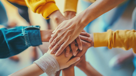 Panoramic Teamwork,empathy,partnership and Social connection in business join hand together concept.Hand of diverse people connecting.Power of volunteer charity work,Stack of people hand.の素材