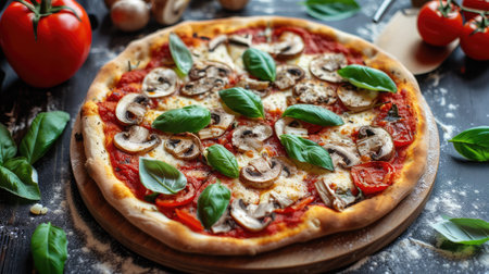 Pizza funghi with tomato sauce, mozzarella and fresh mushroomsの素材