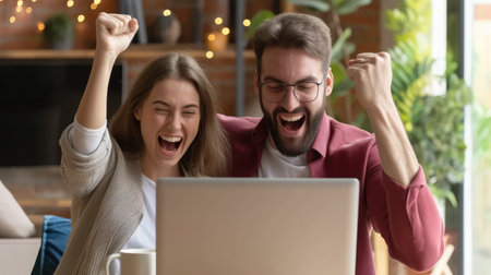 Overjoyed millennial man and woman triumph win online lottery on laptop. Happy excited young Caucasian couple feel euphoricの素材