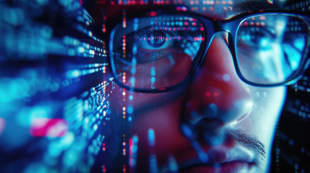 Portrait of a man with glasses. Half face in cyberspace. Artificial intelligence conceptの素材