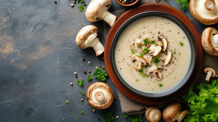 Mushroom cream soup. Soup in a bowl. Top view. Free space for your text.の素材