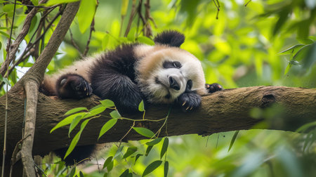 Panda Bear Sleeping on a Tree Branch, China Wildlife. Bifengxia nature reserve, Sichuan Province. Cute Lazy Baby Panda Sleeping in the Forest, Enjoying an afternoon napの素材