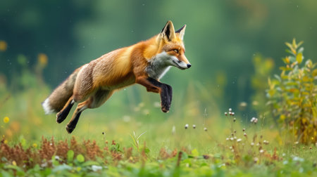 Red Fox jump hunting, Vulpes vulpes, wildlife scene from Europe. Orange fur coat animal in the nature habitat.の素材