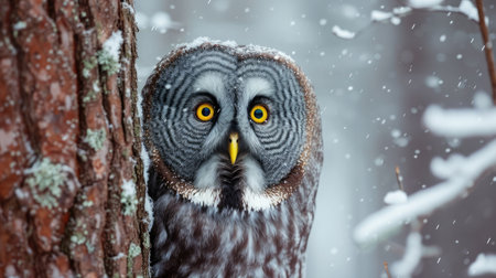 Portrait of Great grey owl, Strix nebulosa, hidden behind tree trunk in the winter forest, with yellow eyes.の素材