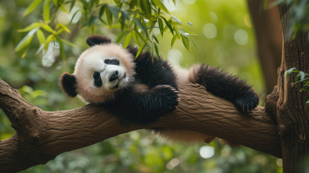 Panda Bear Sleeping on a Tree Branch, China Wildlife. Bifengxia nature reserve, Sichuan Province. Cute Lazy Baby Panda Sleeping in the Forest, Enjoying an afternoon napの素材