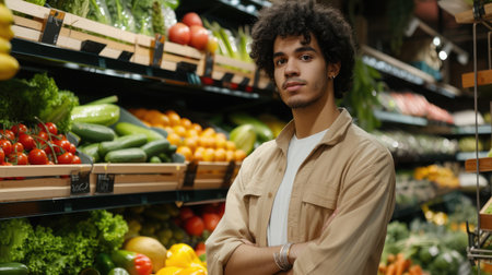Portrait of young ethnic man with curly hair in casual clothes standing near shelves with assorted fresh vegetables and fruits while shopping indoorsの素材