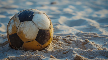 Old soccer ball on the sandの素材
