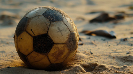 Old soccer ball on the sandの素材