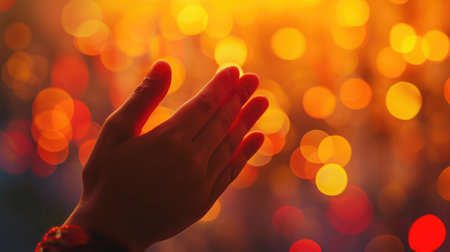 Hand praying on orange light bokeh background.の素材
