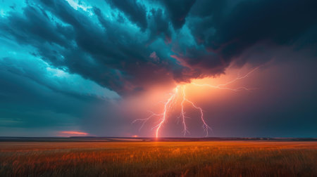 Lightning strike on the horizon during an electrical storm on the prairiesの素材