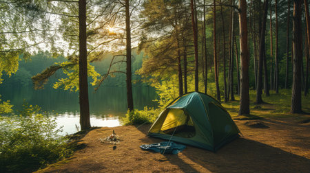 Camping green tent in forest near lakeの素材