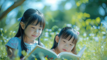 Asian girls are sitting reading books happily.の素材