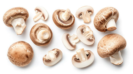 Set of fresh whole and sliced champignon mushrooms isolated on white background. Top viewの素材