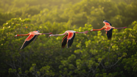 Three Greater Flamingos flying over mangrove forestの素材