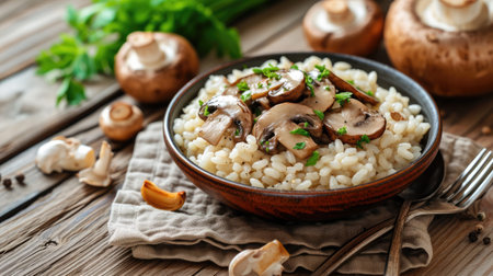 Risotto with brown champignon mushrooms on wooden backgroundの素材
