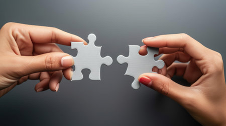 Two hands trying to connect couple puzzle piece on gray background. Teamwork concept. Closeup hand of connecting jigsaw puzzleの素材
