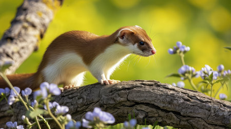 Stoat in Springtime, Scientific name: Mustela erminea, stood on a log and facing rightの素材