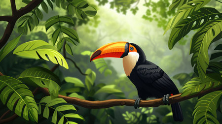 Toucan sitting on the branch in the forest, green vegetationの素材
