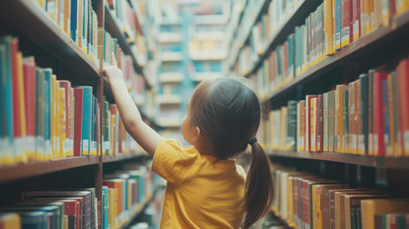 child little youth study read book in library, Youth student in classroom , Young kid point to book with book shelf, Education thinking textbook concept.の素材
