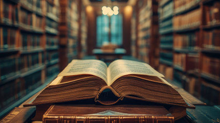 Education learning concept with opening book or textbook in old library, stack piles of literature text academic archive on reading desk and aisle of bookshelves in school study class room backgroundの素材