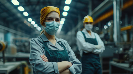 Factory woman worker or technician with hygienic mask stand with confident action with her co-worker engineer in workplace during concern about covid pandemic in people affect industrial business.の素材