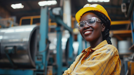 Happy Black African women engineer worker enjoy working in factory industry.の素材