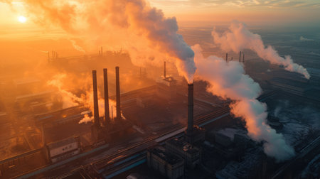 industry metallurgical plant dawn smoke smog emissions bad ecology aerial photographyの素材