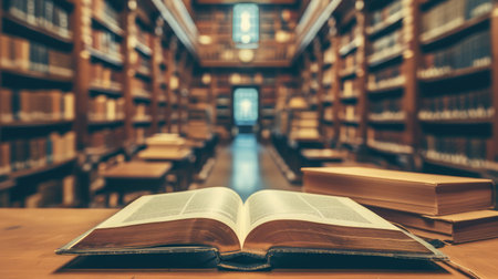 Education learning concept with opening book or textbook in old library, stack piles of literature text academic archive on reading desk and aisle of bookshelves in school study class room backgroundの素材