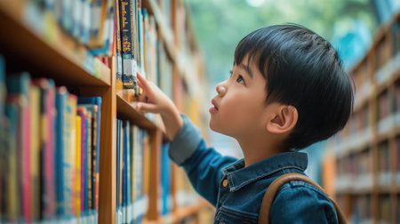 child little youth study read book in library, Youth student in classroom , Young kid point to book with book shelf, Education thinking textbook concept.の素材