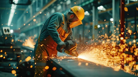 Heavy Industry Engineering Factory Interior with Industrial Worker Using Angle Grinder and Cutting a Metal Tube.の素材