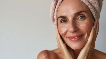 Anti-Aging Skincare. Beautiful Middle Aged Woman Touching Her Face And Smiling At Camera,の素材