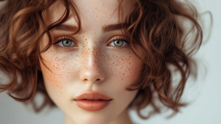Beautiful brown haired with stylish short hairstyle. Woman with a curly hair. Beautiful young woman with freckles on face.の素材