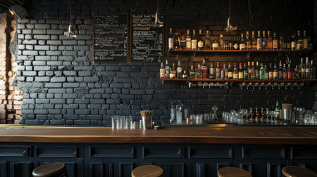 Creative black brick pub or bar interior with copy space on wallの素材