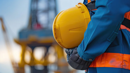 worker is holding safety hardhat or helmet with blurred background of drilling rig derrick structureの素材