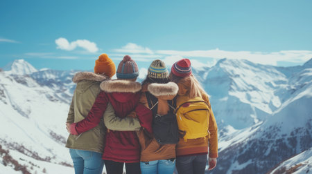 Four happy friends are standing and embracing against snow capped mountains at sunny day. Winter vacations conceptの素材