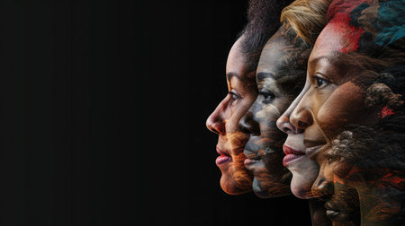 Human face made from portrait of different people of diverse age, gender and race over black background. Concept of social equality, human rights, freedom, diversity, acceptanceの素材