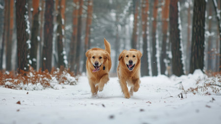 happy golden retriever dogs running in the winter forest --ar 16:9 --v 6 Job ID: 6b65996c-c41f-4492-a09e-4a8f4e88cce8の素材