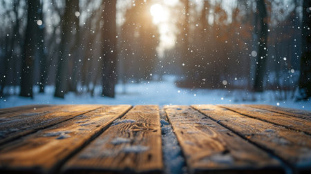 The empty wooden table top with blur background of winter in Finland. Exuberant image.の素材