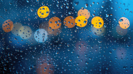 Drops Of Rain On Blue Glass Background. Street Bokeh Lights Out Of Focus. Autumn Abstract Backdropの素材