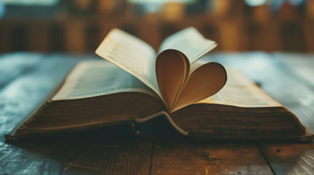 Bible on table with pages folded into heart shapeの素材
