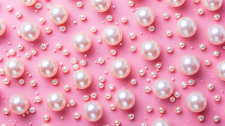 Pearl confetti on pink background. Flat lay, top view.の素材